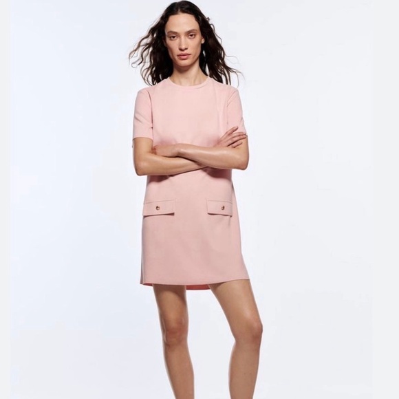 Zara Faux Suede Pink Mod Short Sleeve Shift Mini Dress - Picture 1 of 9